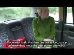 Short haired British blonde fucks in fake taxi